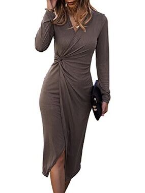 Women’s Knot-Front Long Sleeve Midi Dress in Brown